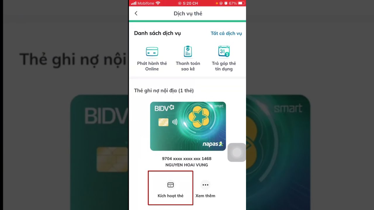 Cách kích hoạt thẻ BIDV trên điện thoại
